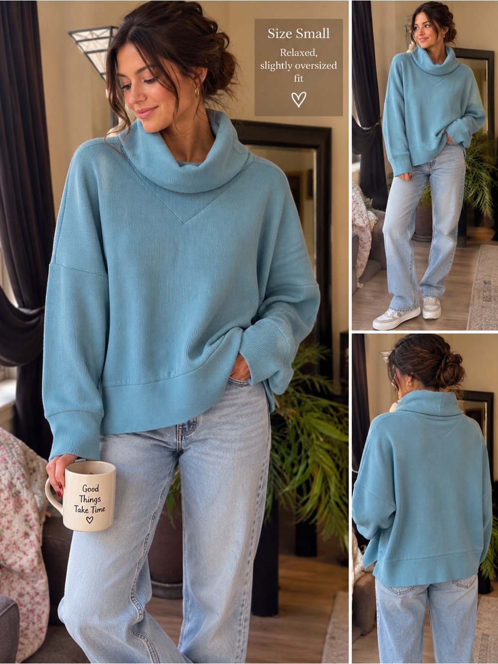 Tuckernuck Women’s Small Blue Oversized Cowl Neck Sweater NWOT Boxy Cropped